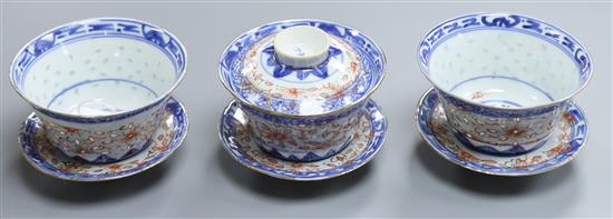 Three Chinese rice bowls and stands, one with cover Tallest H.8cm including cover